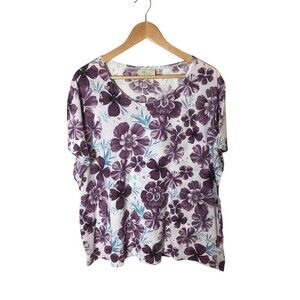H Casuals Top Women's Size XXL Purple Floral Short Sleeve Cotton Blend